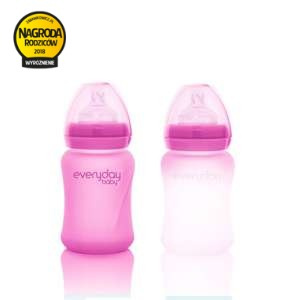Szklana butelka ze smoczkiem S reagująca na temperaturę, 150 ml, wiśniowa, Everyday Baby