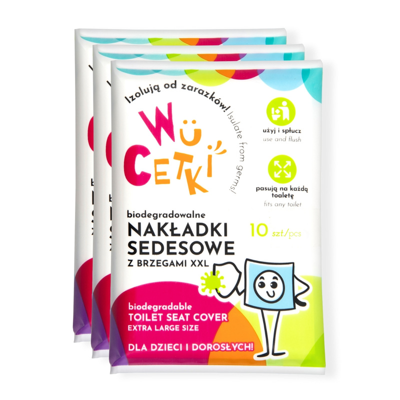 WuCetki Zestaw nakładki na toaletę dla dzieci i dorosłych – jednorazowe podkładki na sedes WC, wydłużone brzegi, 3 opakowania po 10 szt.