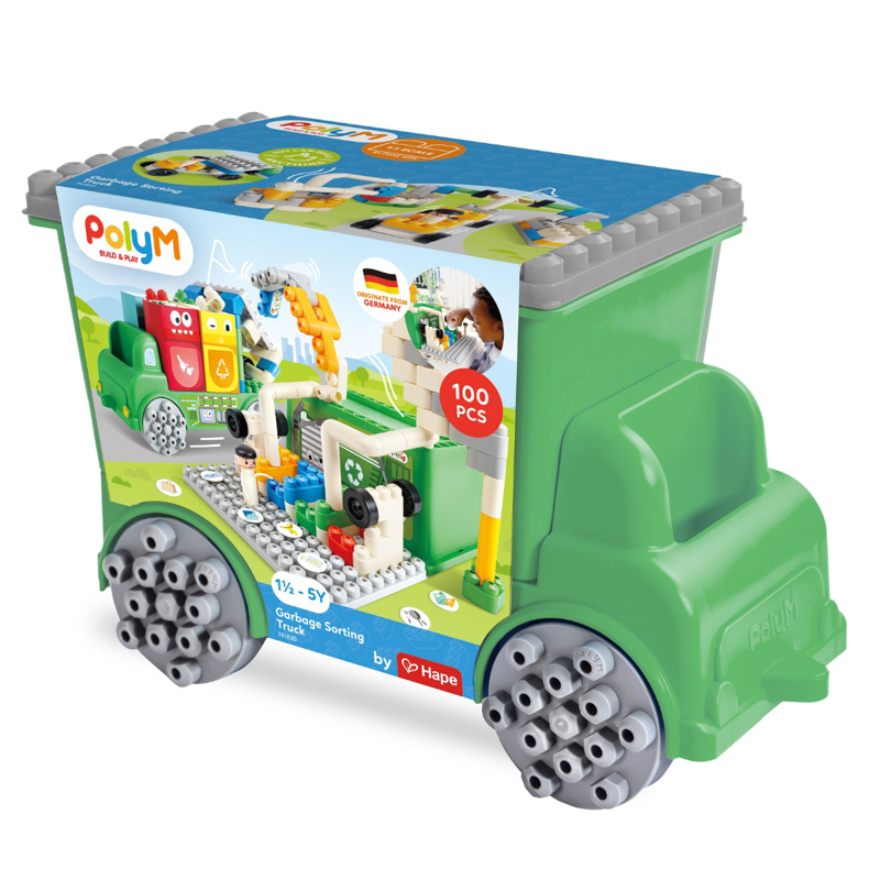 Klocki konstrukcyjne w aucie, Śmieciarka, 100 el., 18m+, PolyM