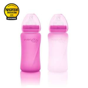 Szklana butelka ze smoczkiem M reagująca na temperaturę, 240 ml, wiśniowa, Everyday Baby