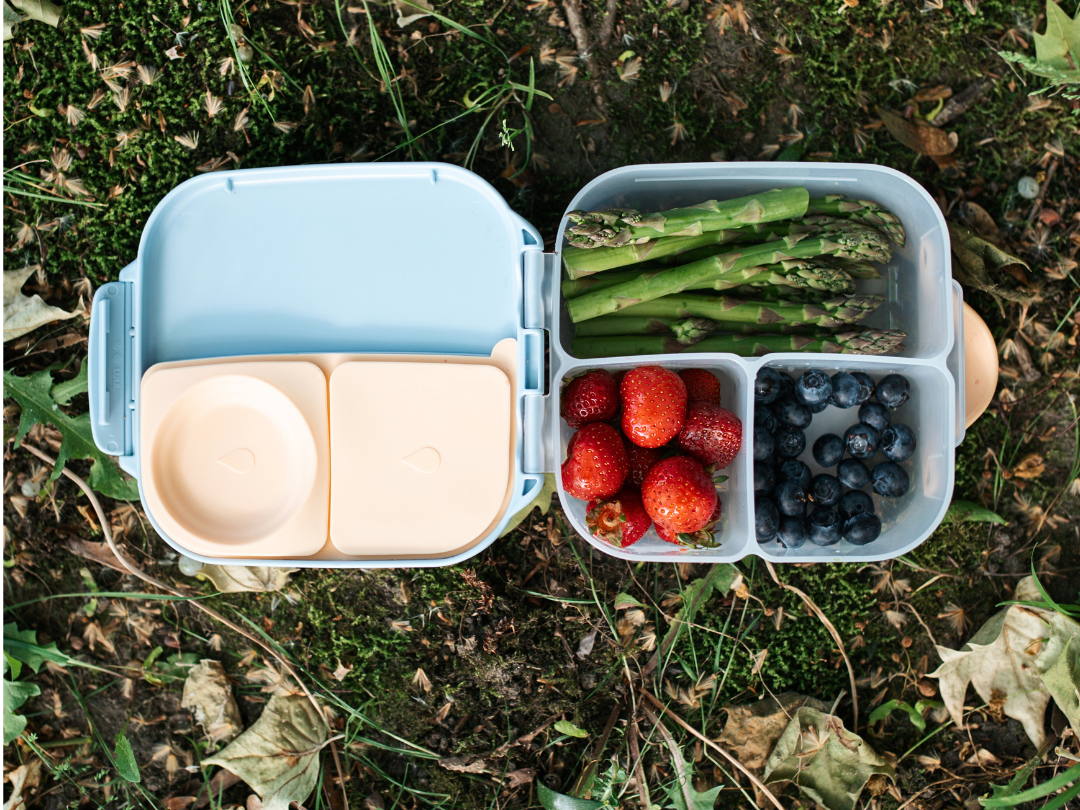 b.box – lunchbox z przegródkami - prezentacja produktu z jedzeniem