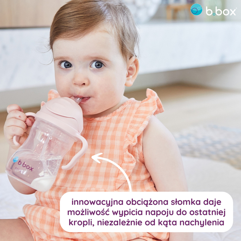 Zestaw na start 3w1 - bidon ze słomką 240 ml + smycz + zapasowe słomki, Blush, b.box