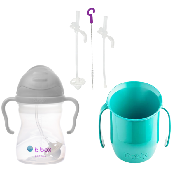Zestaw bidon ze słomką 240 ml, szary, b.box z zapasowymi słomkami oraz kubek, morski, Doidy