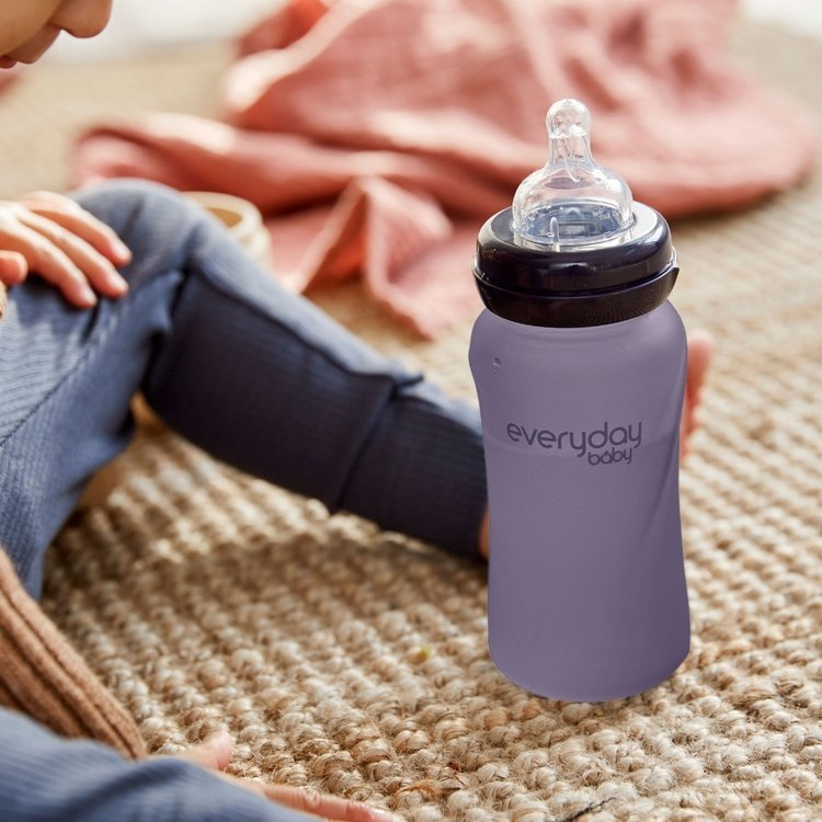 Szklana butelka ze smoczkiem M reagująca na temperaturę, 240 ml, borówkowa, Everyday Baby OUTLET