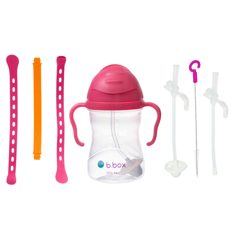 Zestaw na start 3w1 - bidon ze słomką 240 ml malinowy + smycz Strawberry Shake + zapasowe słomki, b.box