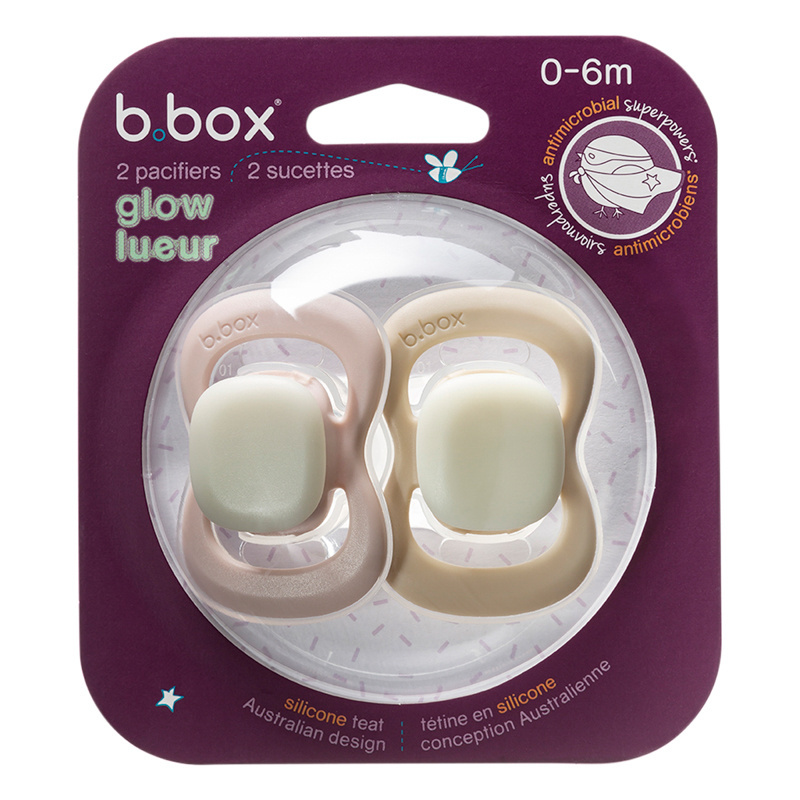 b.box Smoczek dla noworodka i niemowlaka 2 szt.– symetryczny smoczek silikonowy 0 – 6 mies. Glow in the dark Blush + Latte