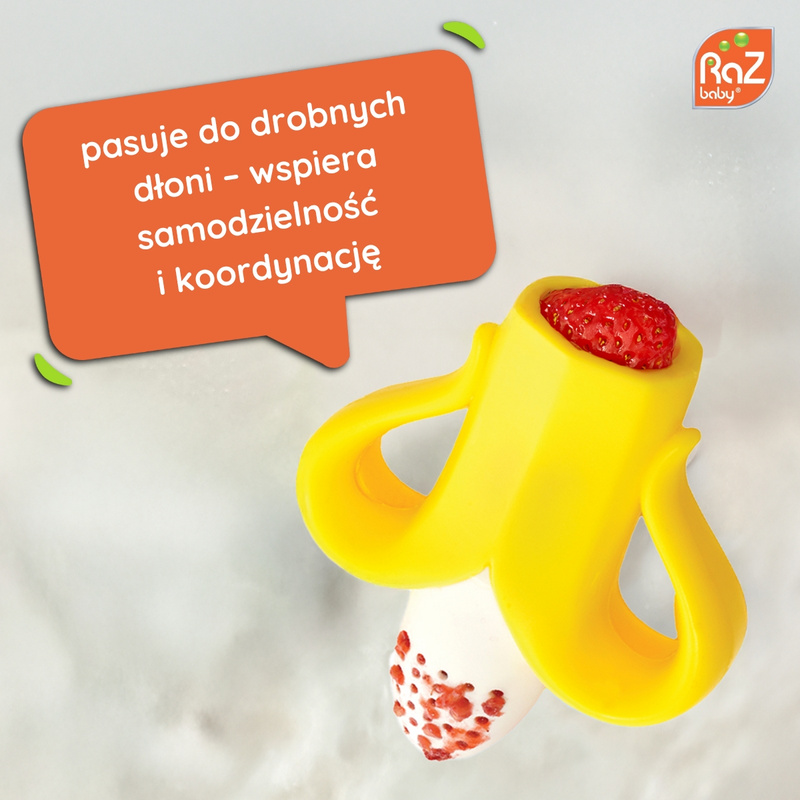 RaZbaby Silikonowy gryzak do podawania owoców i pokarmu Fruitique Banan, 6m+ 