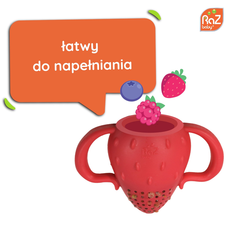RaZbaby Silikonowy gryzak do podawania owoców i pokarmu Fruitique Truskawka, 6m+