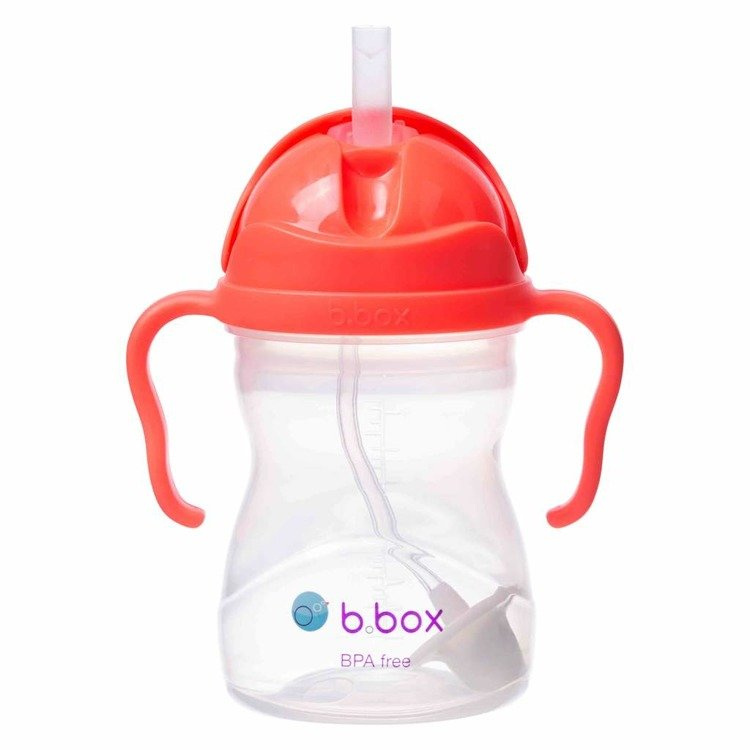 Zestaw bidon ze słomką 240 ml, arbuzowy, b.box z zapasowymi słomkami oraz kubek, czerwony, Doidy