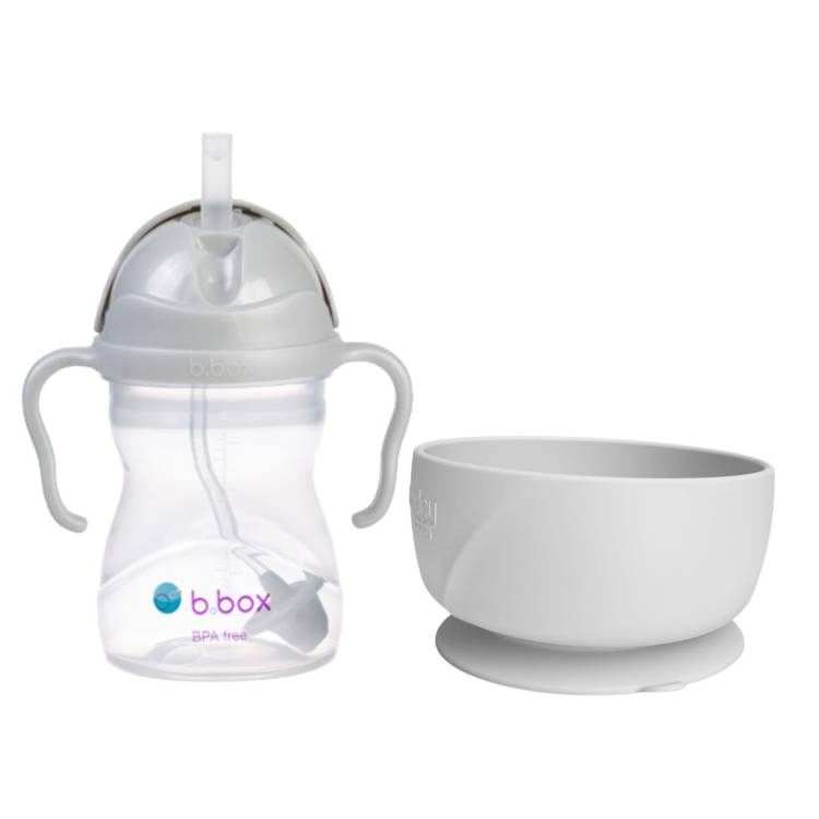 Bidon ze słomką 240 ml szary b.box + Silikonowa miseczka z przyssawką szara Everyday Baby
