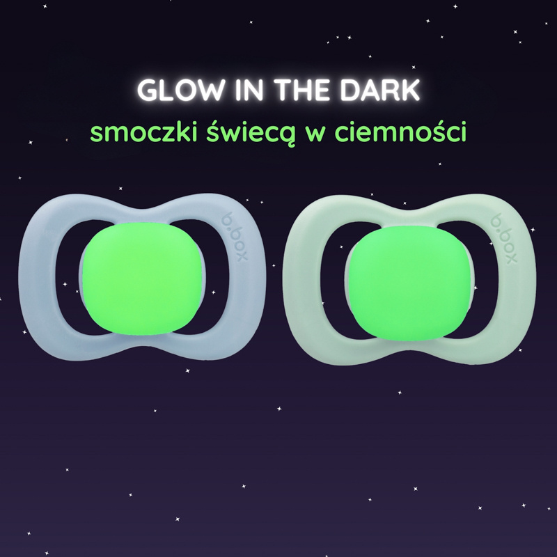 b.box Smoczek dla noworodka i niemowlaka 2 szt.– symetryczny smoczek silikonowy 0 – 6 mies. Glow in the dark Sky + Sage