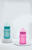 Szklana butelka ze smoczkiem S reagująca na temperaturę, 150 ml, wiśniowa, Everyday Baby