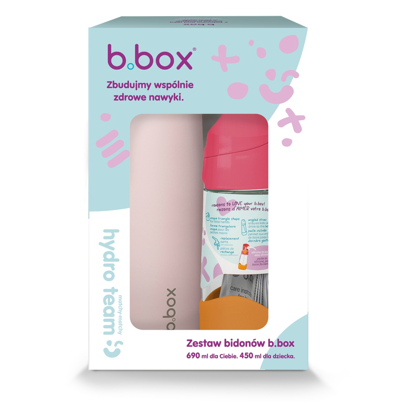Zestaw Hydro Team butelka termiczna 690 ml Pink Paradise + butelka na wodę ze słomką tritanowa 450 ml Strawberry Shake, b.box