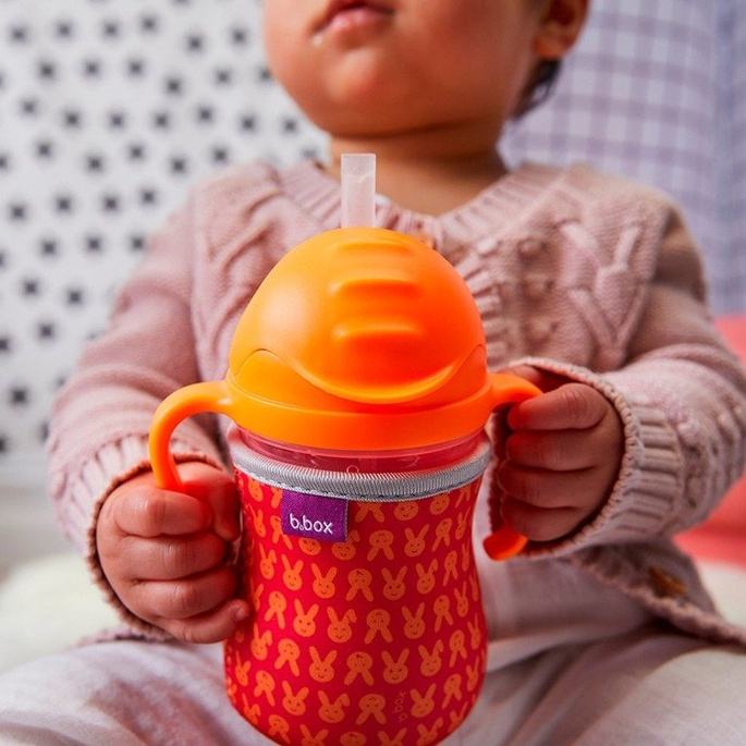 Zestaw bidon ze słomką 240 ml, pomarańczowy, b.box z zapasowymi słomkami oraz kubek, pomarańczowy, Doidy