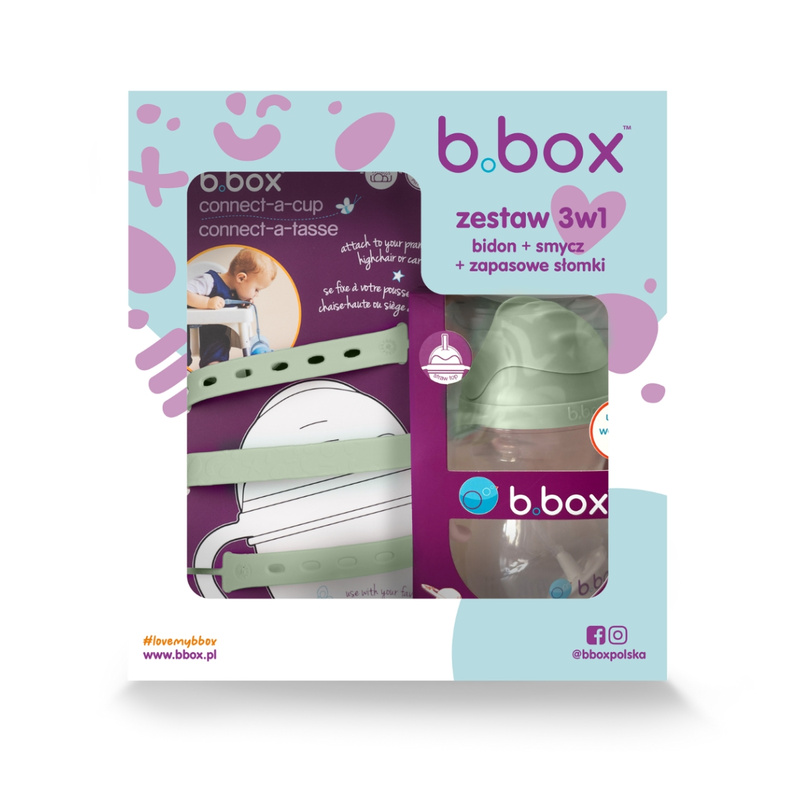 Zestaw na start 3w1 - bidon se złomką 240 ml + smycz + zapasowe słomki, Sage, b.box