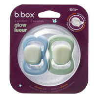 b.box Smoczek dla niemowlaka 2 szt.– symetryczny smoczek silikonowy 6 mies.+ Glow in the dark Sky + Sage
