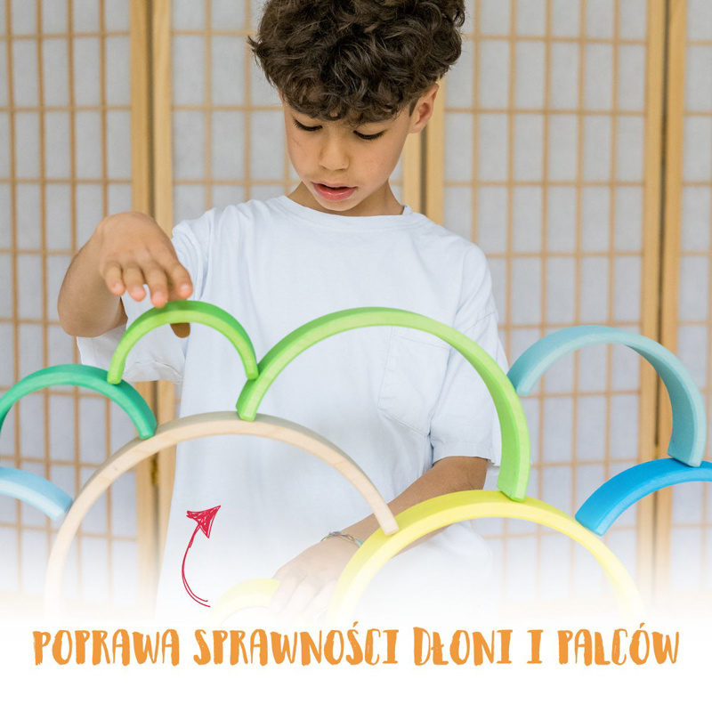 Tęcza Grimm’s 10 elementów Neon Green – drewniana tęcza Montessori dla dzieci 3+