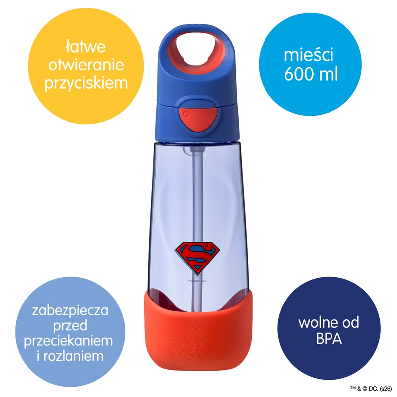 Superman by b.box Butelka na wodę dla dzieci 600 ml - tritanowa butelka ze słomką do szkoły 