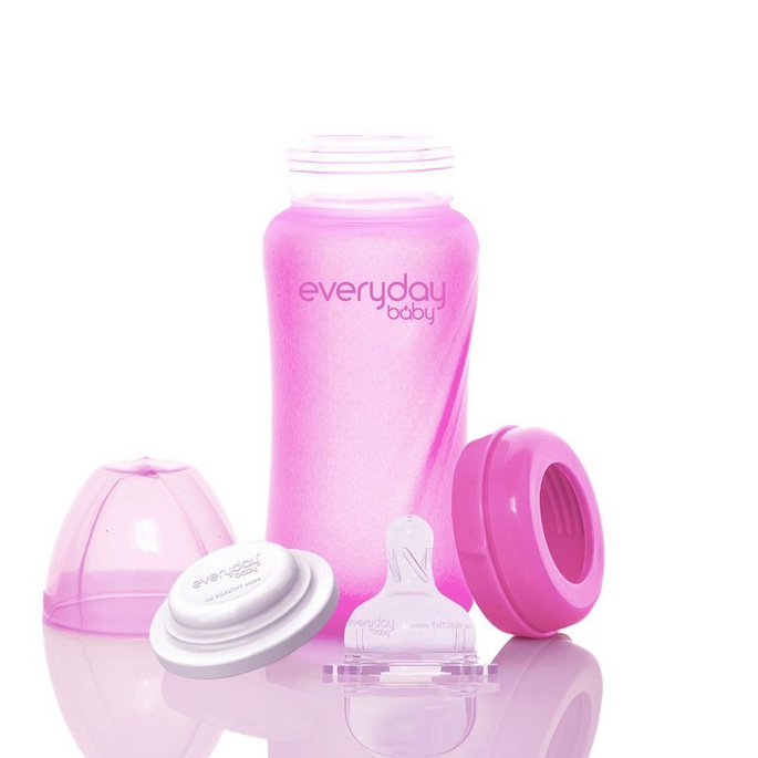Szklana butelka ze smoczkiem M reagująca na temperaturę, 240 ml, wiśniowa, Everyday Baby