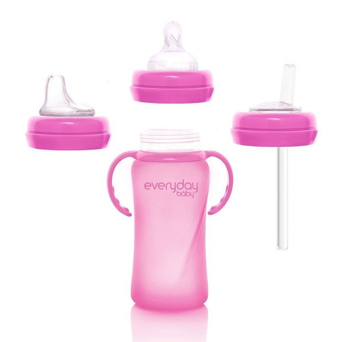 Szklana butelka ze smoczkiem M reagująca na temperaturę, 240 ml, wiśniowa, Everyday Baby
