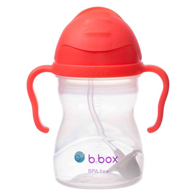 Zestaw bidon ze słomką 240 ml, arbuzowy, b.box z zapasowymi słomkami oraz kubek, czerwony, Doidy
