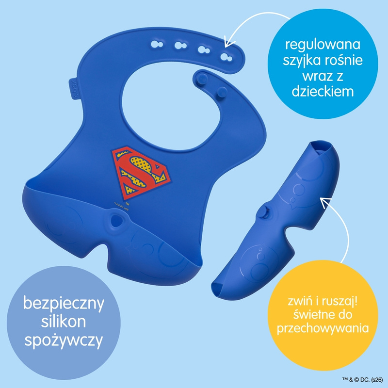 Superman by b.box Zwijany śliniak silikonowy z otwartą kieszonką – miękki śliniak dla dziecka i niemowlaka