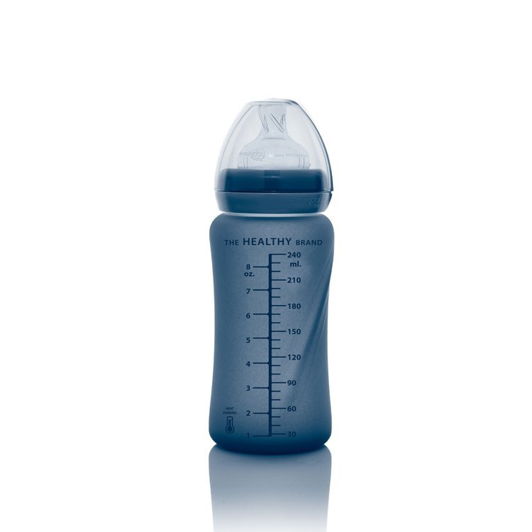 Szklana butelka ze smoczkiem M reagująca na temperaturę, 240 ml, borówkowa, Everyday Baby OUTLET
