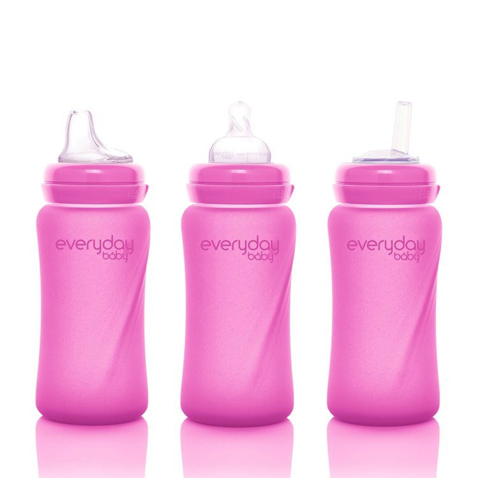 Szklana butelka ze smoczkiem M reagująca na temperaturę, 240 ml, wiśniowa, Everyday Baby