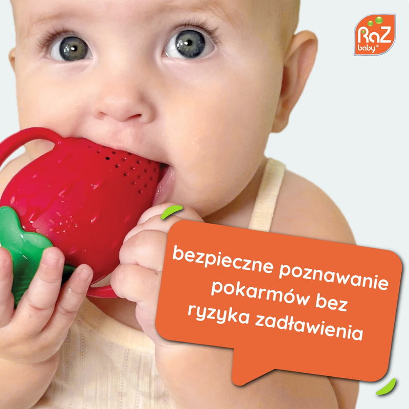 RaZbaby Silikonowy gryzak do podawania owoców i pokarmu Fruitique Truskawka, 6m+