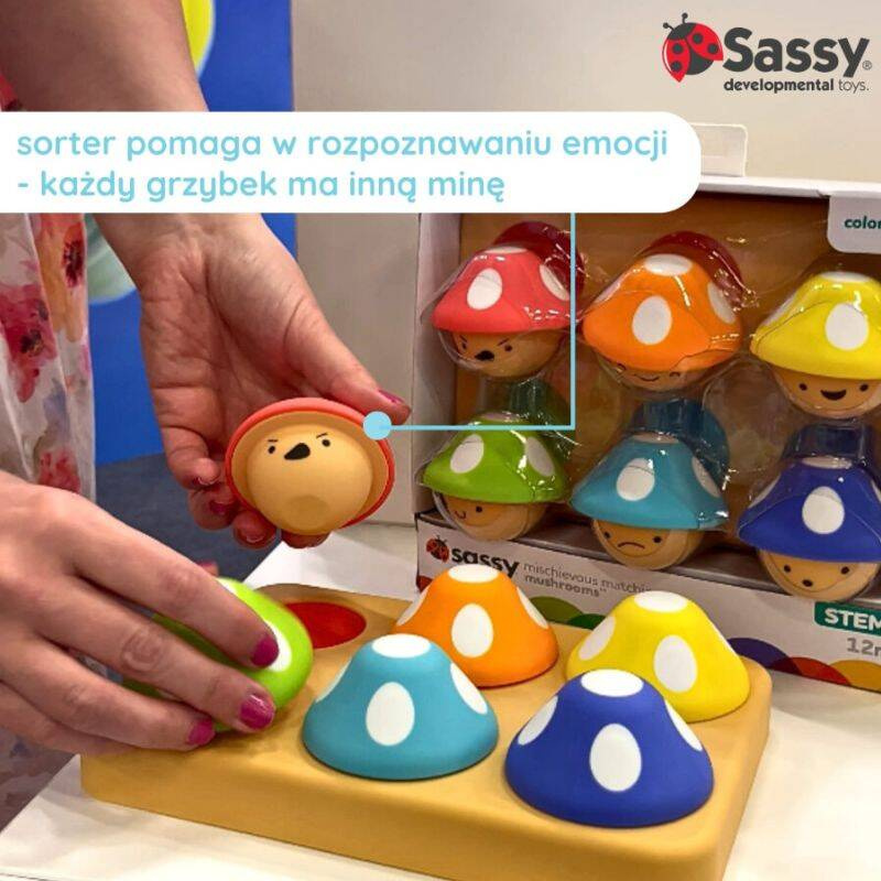 Sassy Psotne grzybki sorter dla dzieci – zabawka edukacyjna 12 mies.+, OUTLET