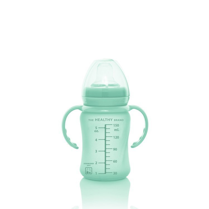 Szklana butelka z ustnikiem niekapkiem i rączkami, 150 ml, miętowa, Everyday Baby, OUTLET