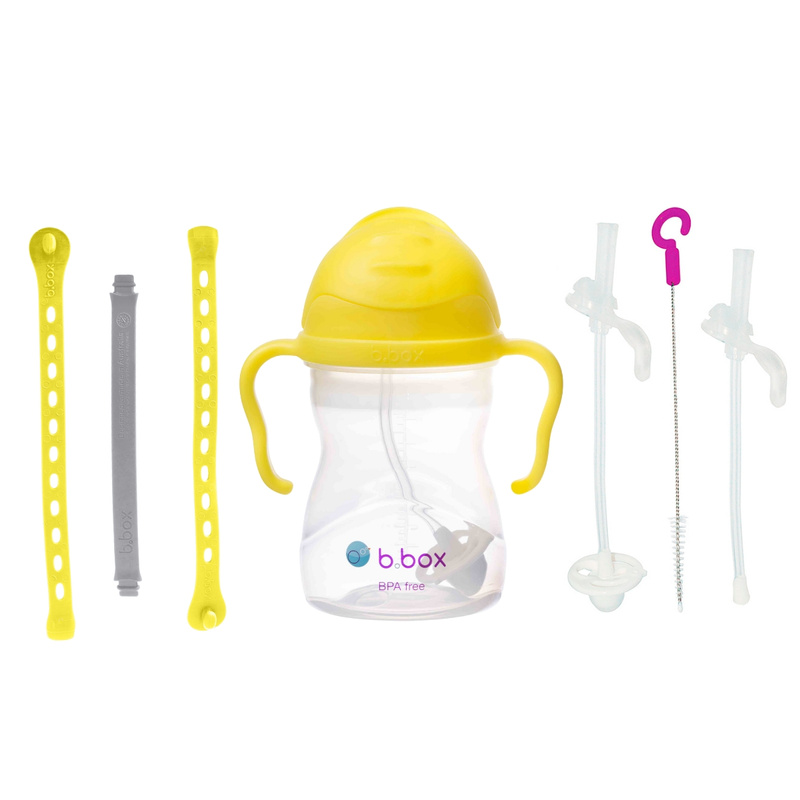 Zestaw na start 3w1 - bidon ze słomką 240 ml cytrynowy + smycz Lemon Sherbet + zapasowe słomki, b.box