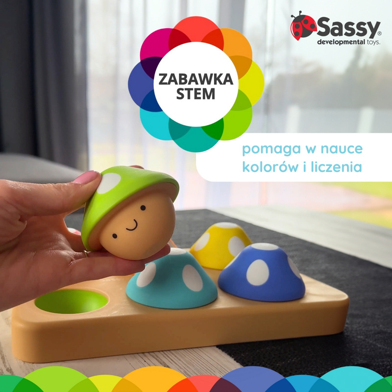 Sassy Psotne grzybki sorter dla dzieci – zabawka edukacyjna 12 mies.+, OUTLET