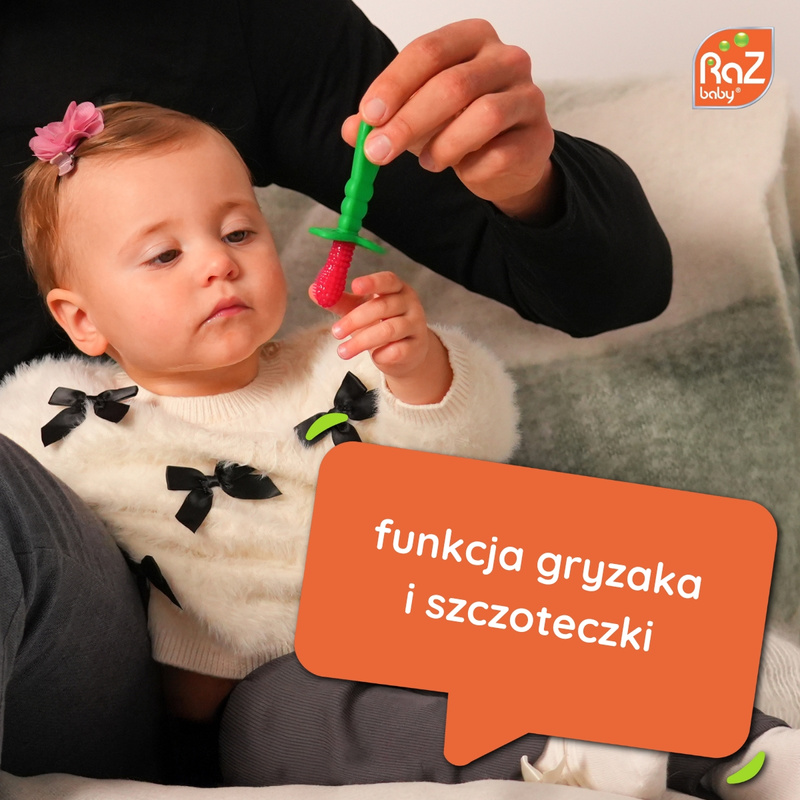 RaZbaby Szczoteczka silikonowa na ząbkowanie dla dzieci RaZberry | Gryzak i Masażer Dziąseł 2w1 Malinka, 3m+