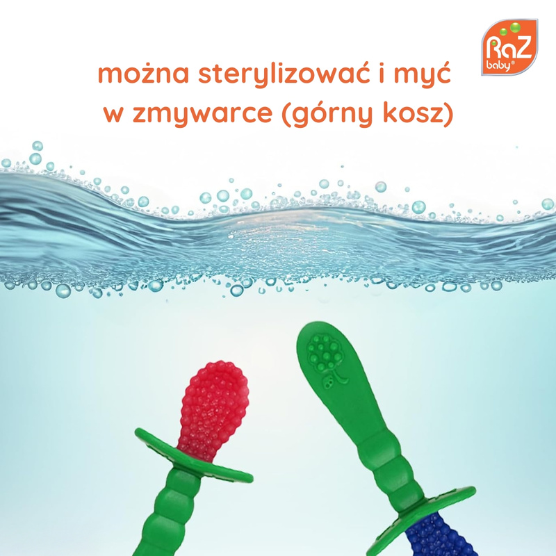 RaZbaby Silikonowe łyżeczki dla niemowląt RaZberry 2 szt., czerwona i niebieska, 6m+