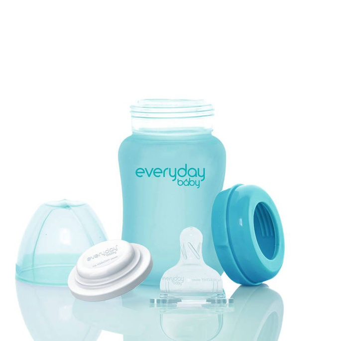 Szklana butelka ze smoczkiem S reagująca na temperaturę, 150ml, turkusowa, Everyday Baby
