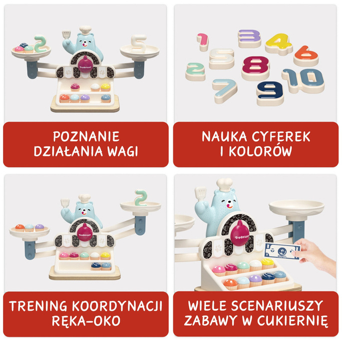 TOPBRIGHT Głodny Miś Waga szalkowa dla dzieci – gra edukacyjna i nauka liczenia Montessori 36 mies.+, OUTLET