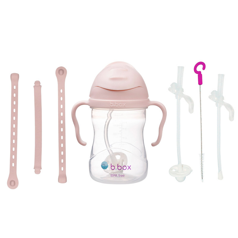Zestaw na start 3w1 - bidon ze słomką 240 ml + smycz + zapasowe słomki, Blush, b.box