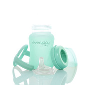 Szklana butelka z ustnikiem niekapkiem i rączkami, 150 ml, miętowa, Everyday Baby, OUTLET