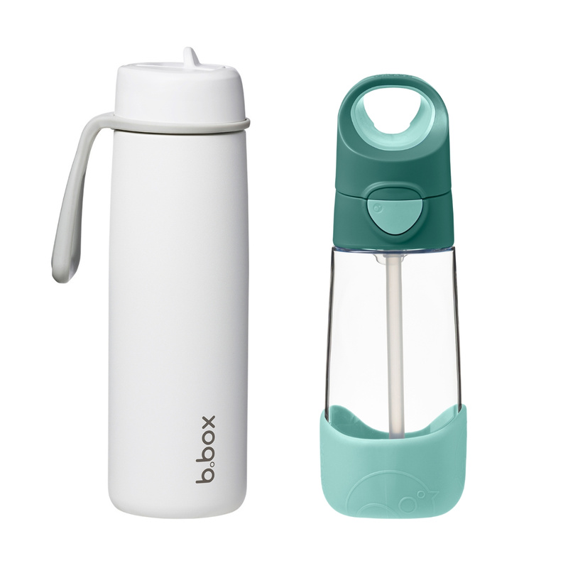 Zestaw Hydro Team butelka termiczna 690 ml White Out + butelka na wodę ze słomką tritanowa 450 ml Emerald Forest, b.box 