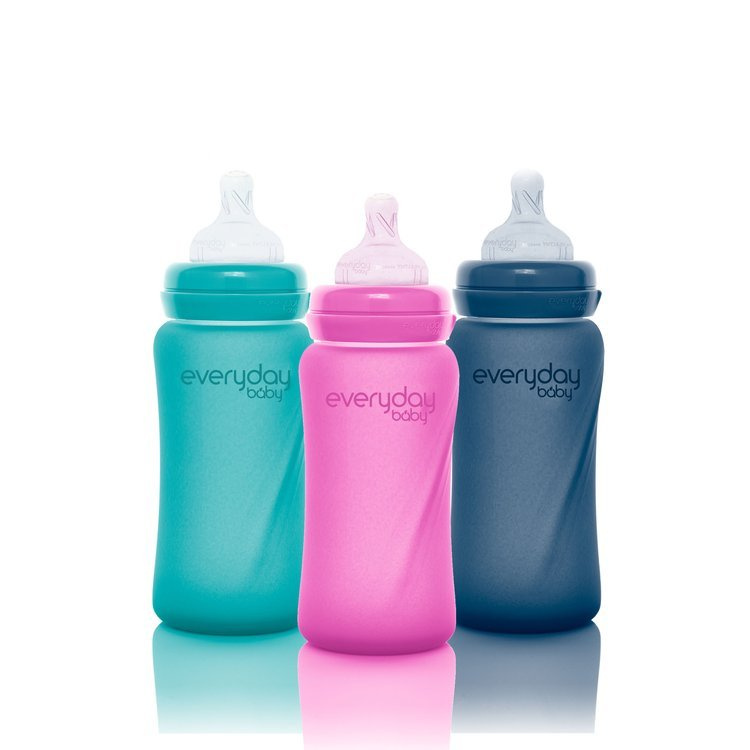 Szklana butelka ze smoczkiem M reagująca na temperaturę, 240 ml, borówkowa, Everyday Baby OUTLET