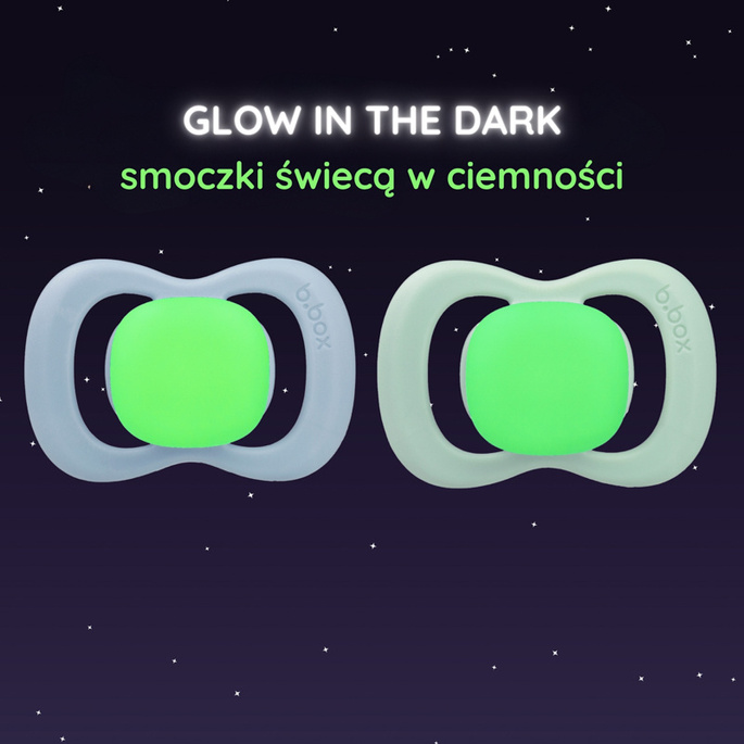 b.box Smoczek dla noworodka i niemowlaka 2 szt.– symetryczny smoczek silikonowy 0 – 6 mies. Glow in the dark Sky + Sage