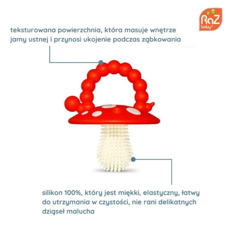 Gryzak logopedyczny Grzybek dla niemowląt na ząbkowanie RaZbaby 2 szt. czerwony i zielony, OUTLET