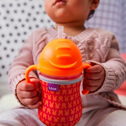 Zestaw bidon ze słomką 240 ml, pomarańczowy, b.box z zapasowymi słomkami oraz kubek, pomarańczowy, Doidy