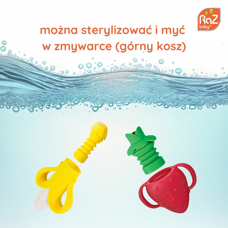 RaZbaby Silikonowy gryzak do podawania owoców i pokarmu Fruitique Banan, 6m+ 