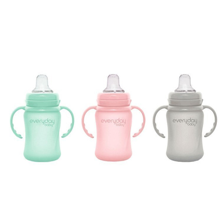 Szklana butelka z ustnikiem niekapkiem i rączkami, 150 ml, miętowa, Everyday Baby, OUTLET