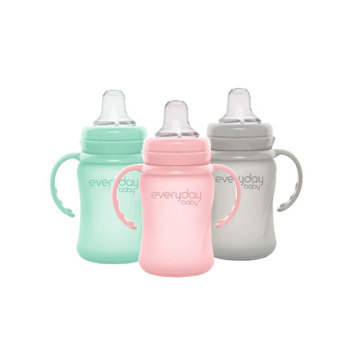 Szklana butelka z ustnikiem niekapkiem i rączkami, 150 ml, miętowa, Everyday Baby, OUTLET