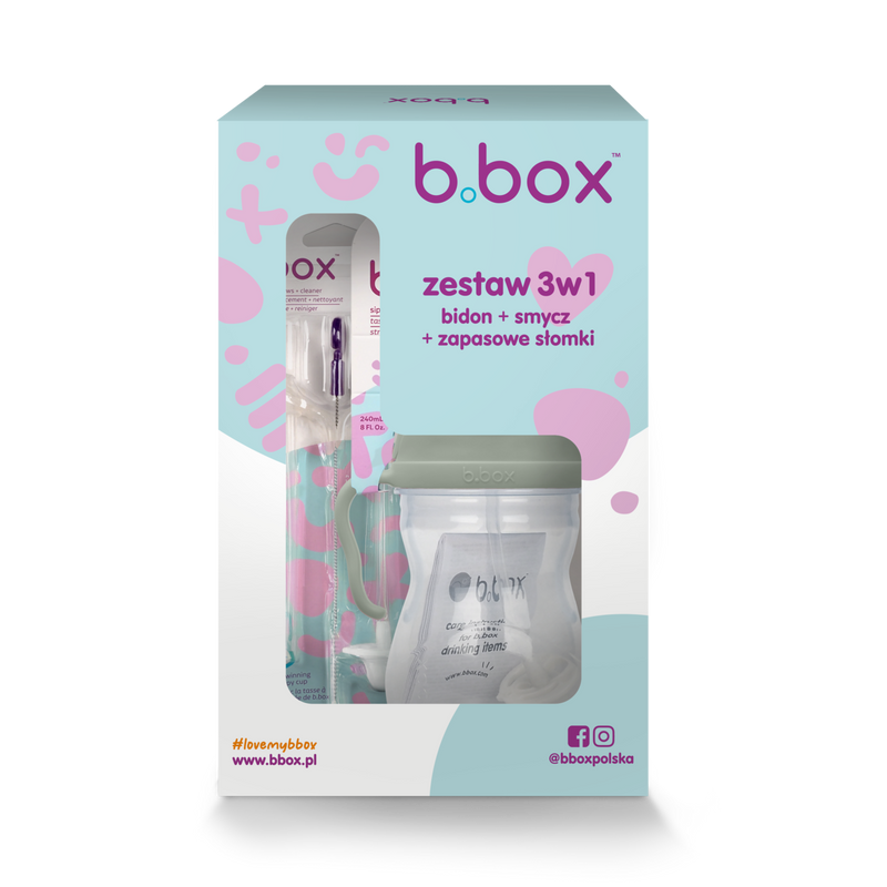 Zestaw na start 3w1 - bidon se złomką 240 ml + smycz + zapasowe słomki, Sage, b.box