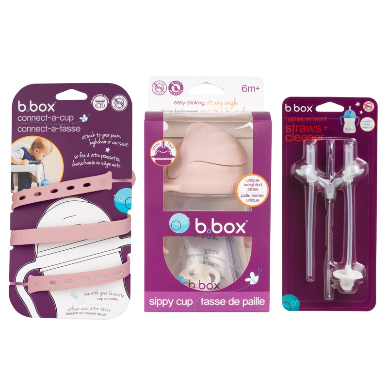 Zestaw na start 3w1 - bidon ze słomką 240 ml + smycz + zapasowe słomki, Blush, b.box