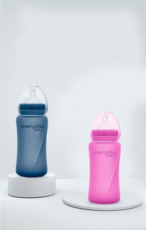 Szklana butelka ze smoczkiem M reagująca na temperaturę, 240 ml, borówkowa, Everyday Baby OUTLET